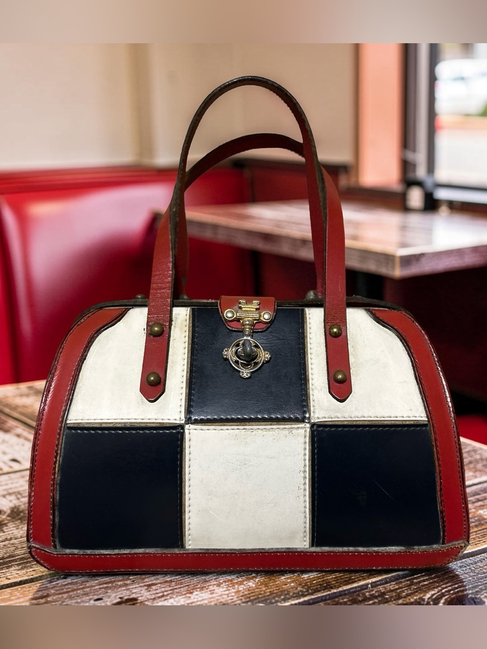 Tricolor Check Vintage Leather Satchel - Red, Navy & White